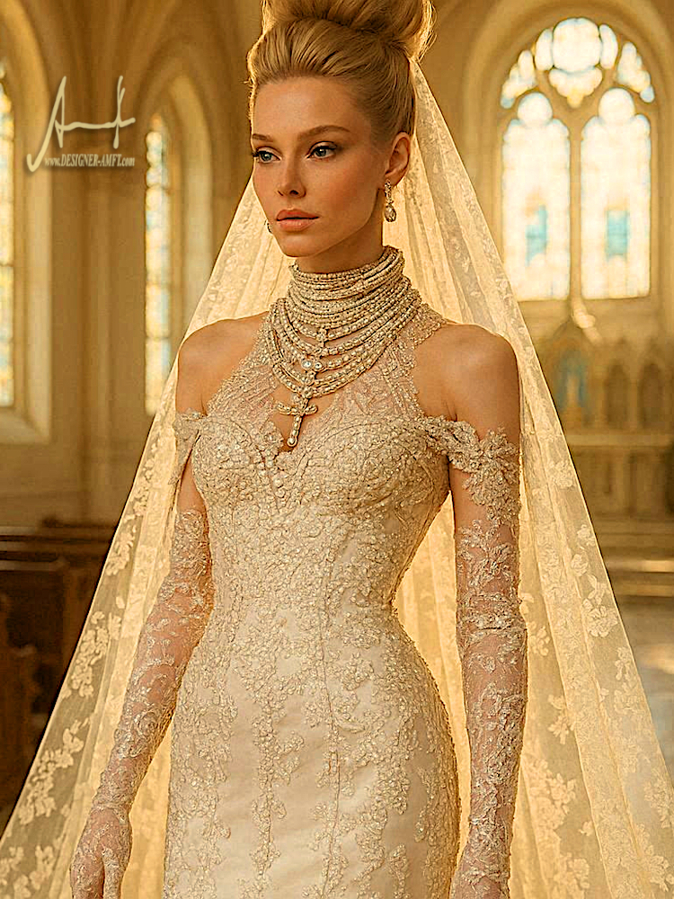 Lace Silk Pearl Wedding Gown manufactured High Fashion Designer Amft