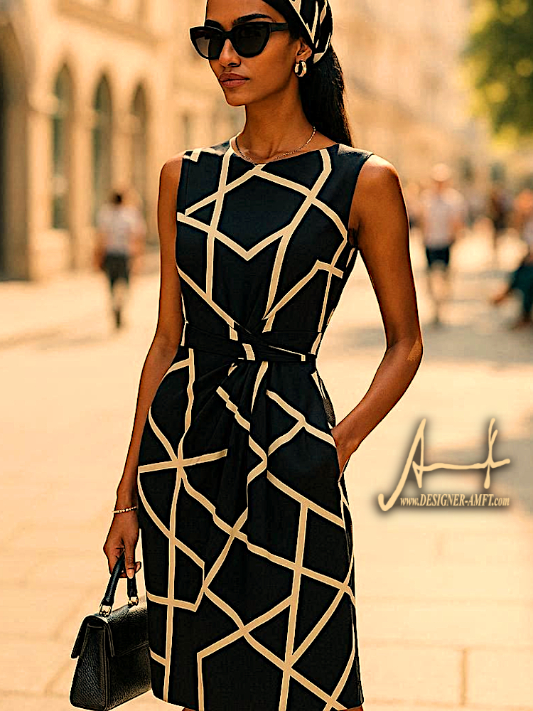 Practical Summer Dress Geometric with Pockets made by Fashion Designer Amft